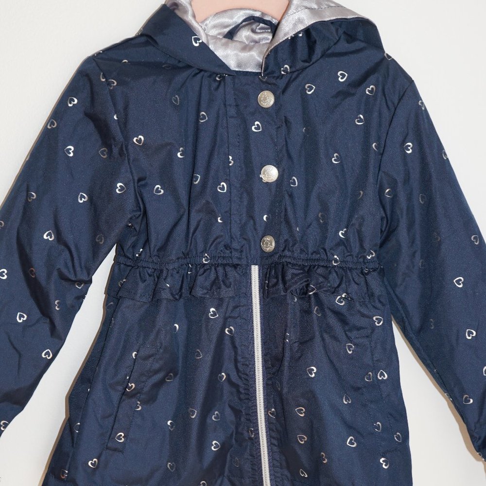Girls- Never worn rain jacket. Size 4t- Navy blue with silver hearts